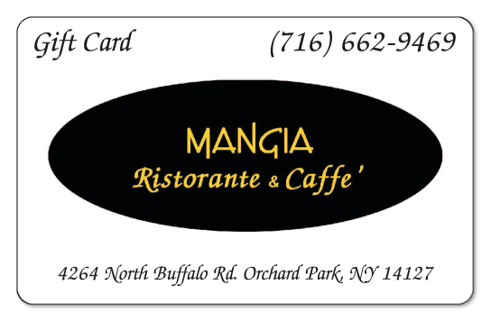 Mangia logo, Address, Phone number over white background